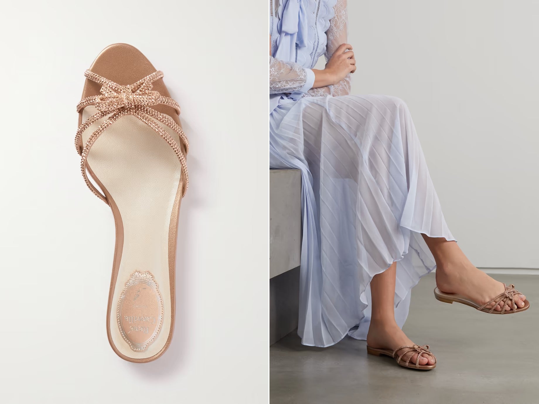 two website images side by side, showcasing a model wearing rene caovilla - Bow-detailed crystal-embellished satin and metallic leather mules