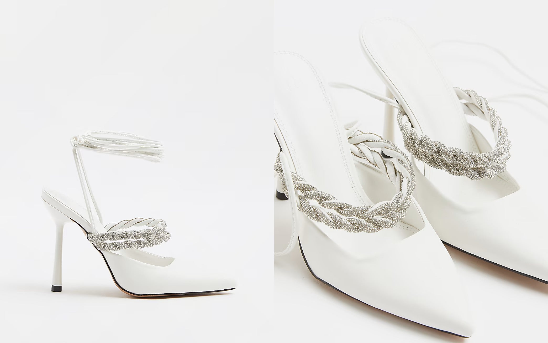 two website images side by side, showcasing a model wearing river island WHITE DIAMANTE COURT SHOES