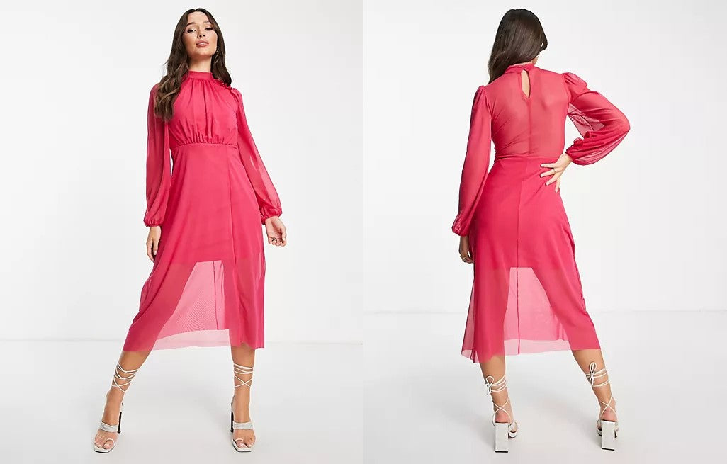 two website images side by side showing a model wearing the River Island split front midi dress in bright pink.