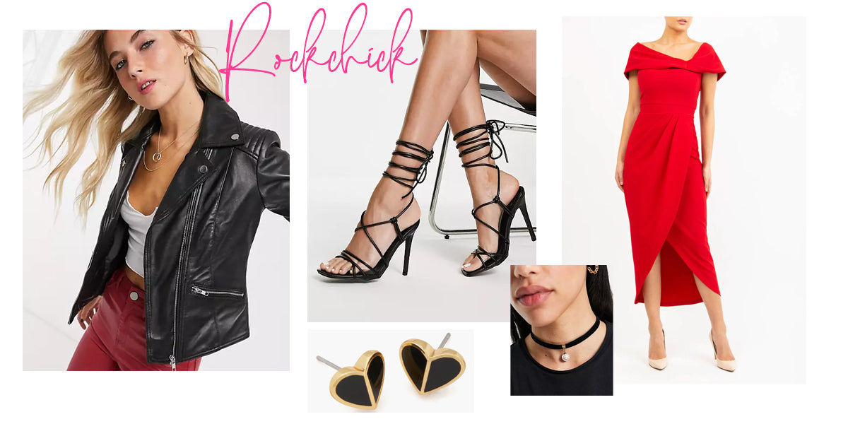  various images of items to be worn to achieve a rockchick look, including dark heart stud earrings, black high wrap tie stilettos and black leather jacket.