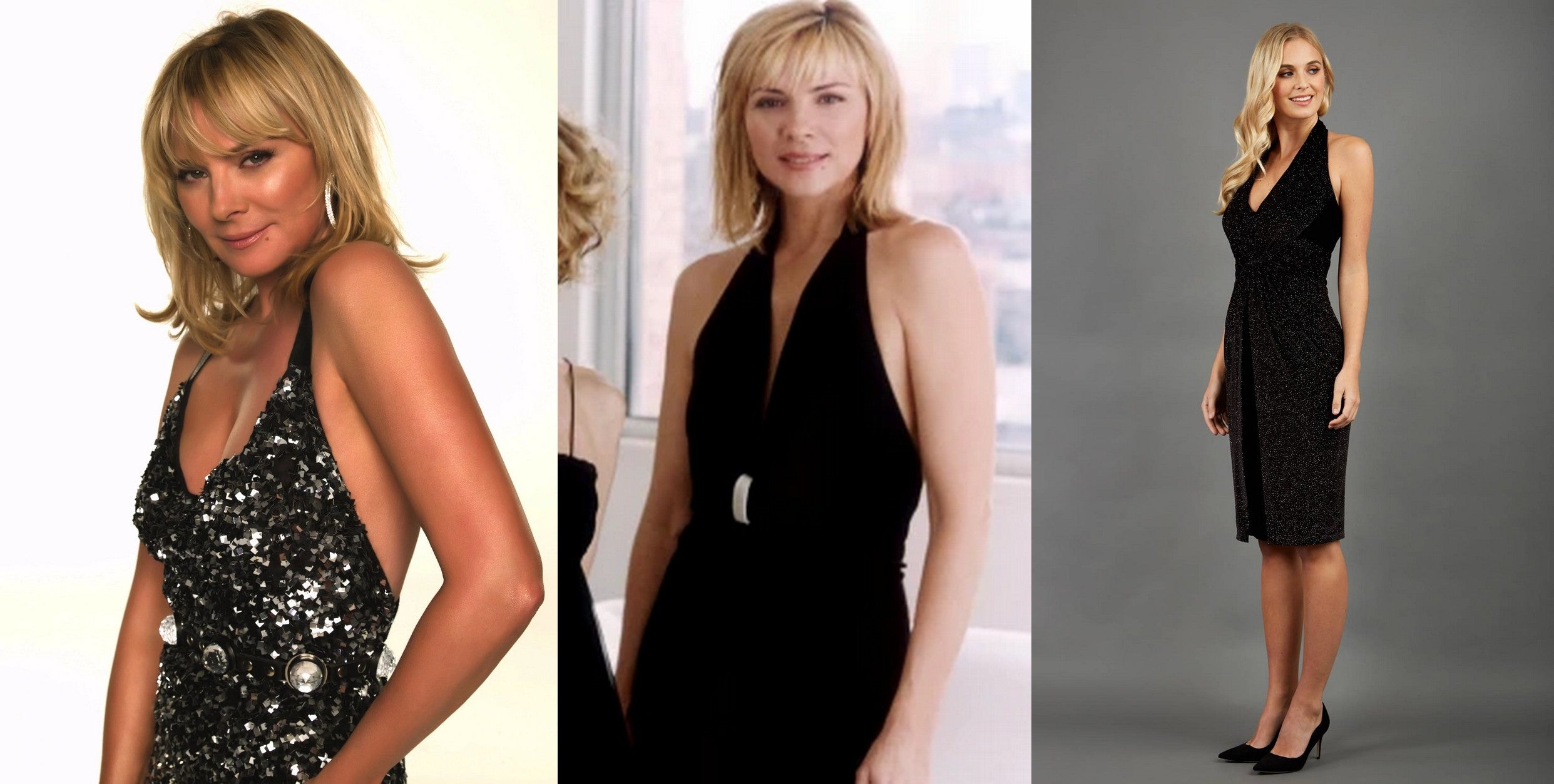 two photos of Samantha Jones, wearing both black halterneck dresses (one with glitter) - attached to an image of the Diva Catwalk dress 'Hannah Glitter Dress'.