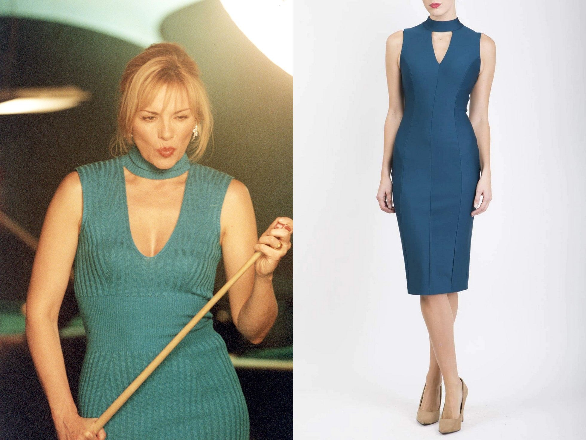 Samantha Jones pictured playing snooker, whilst wearing a choker style dress, with cutout - attached is the Diva Catwalk Galway dress.