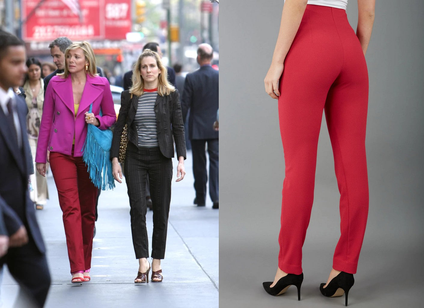 samantha jones pictured wearing bright-bold red fitted trousers - attached are our Diva Trousers in Scarlet Red