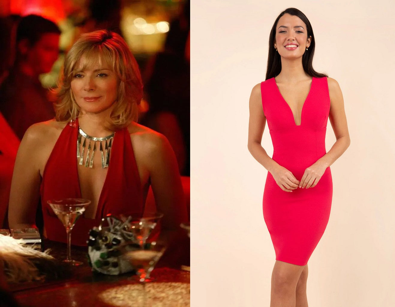 Samantha Jones' wearing a red halterneck dress at club table - attached to an image of the Diva Catwalk Athens Sleeveless Dress.