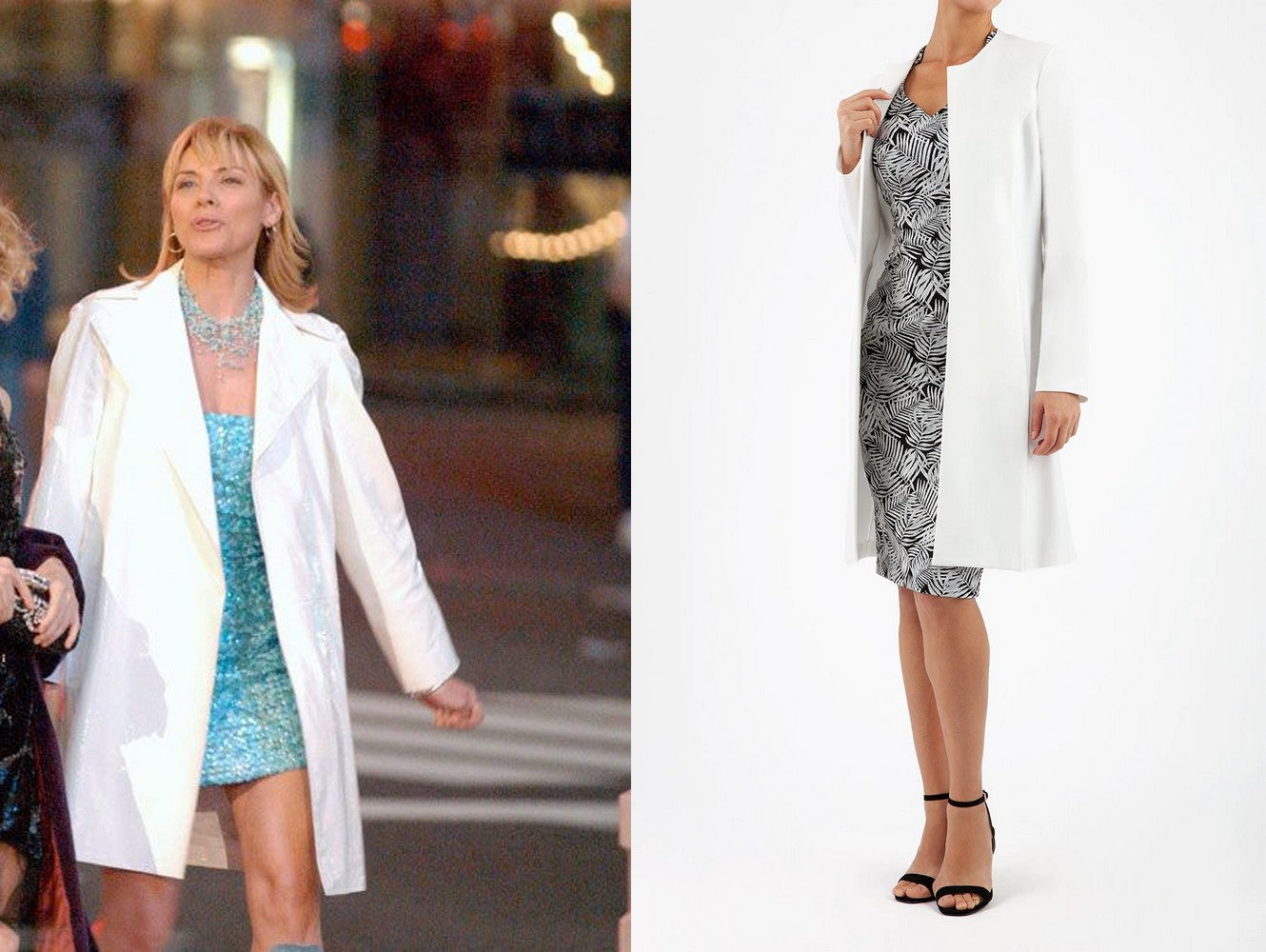 pictured is samantha jones in a long white coat - attached is an image of the Diva Catwalks Ivory Cream Twilight Long Sleeved Coat.