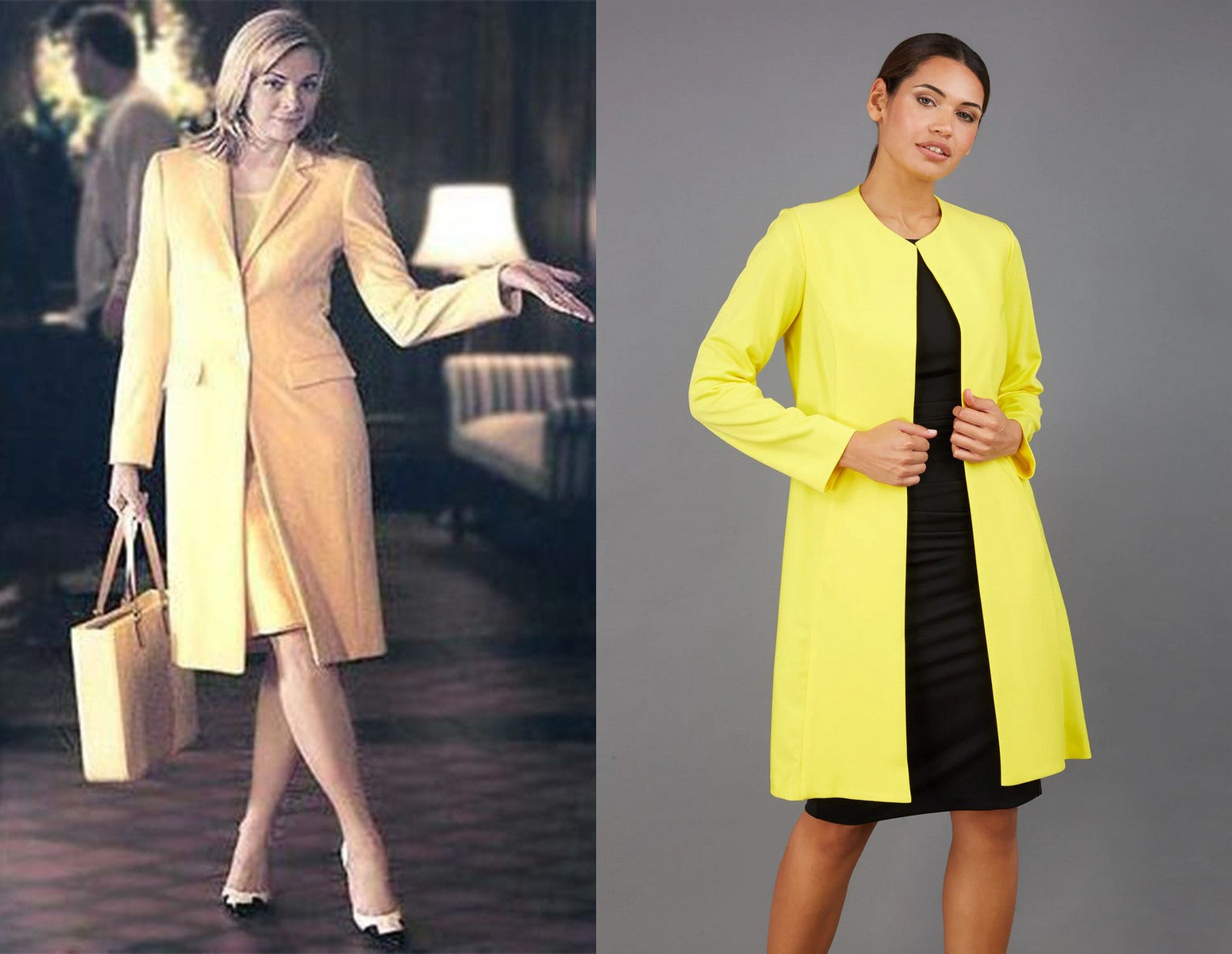 Sam Jones pictured in a bright yellow statement coat - attached coat is from Diva Catwalks' Twilight Long Sleeve Coat.