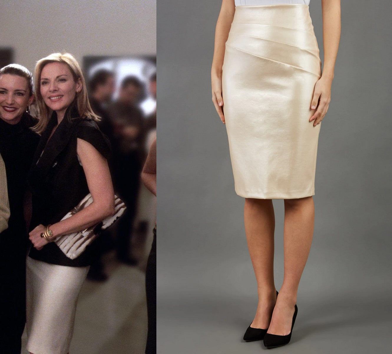 samantha jones pictured wearing a black top and pearl skirt - attached is Diva Catwalks Mother of Pearl [shade] Faux Leather Skirt.