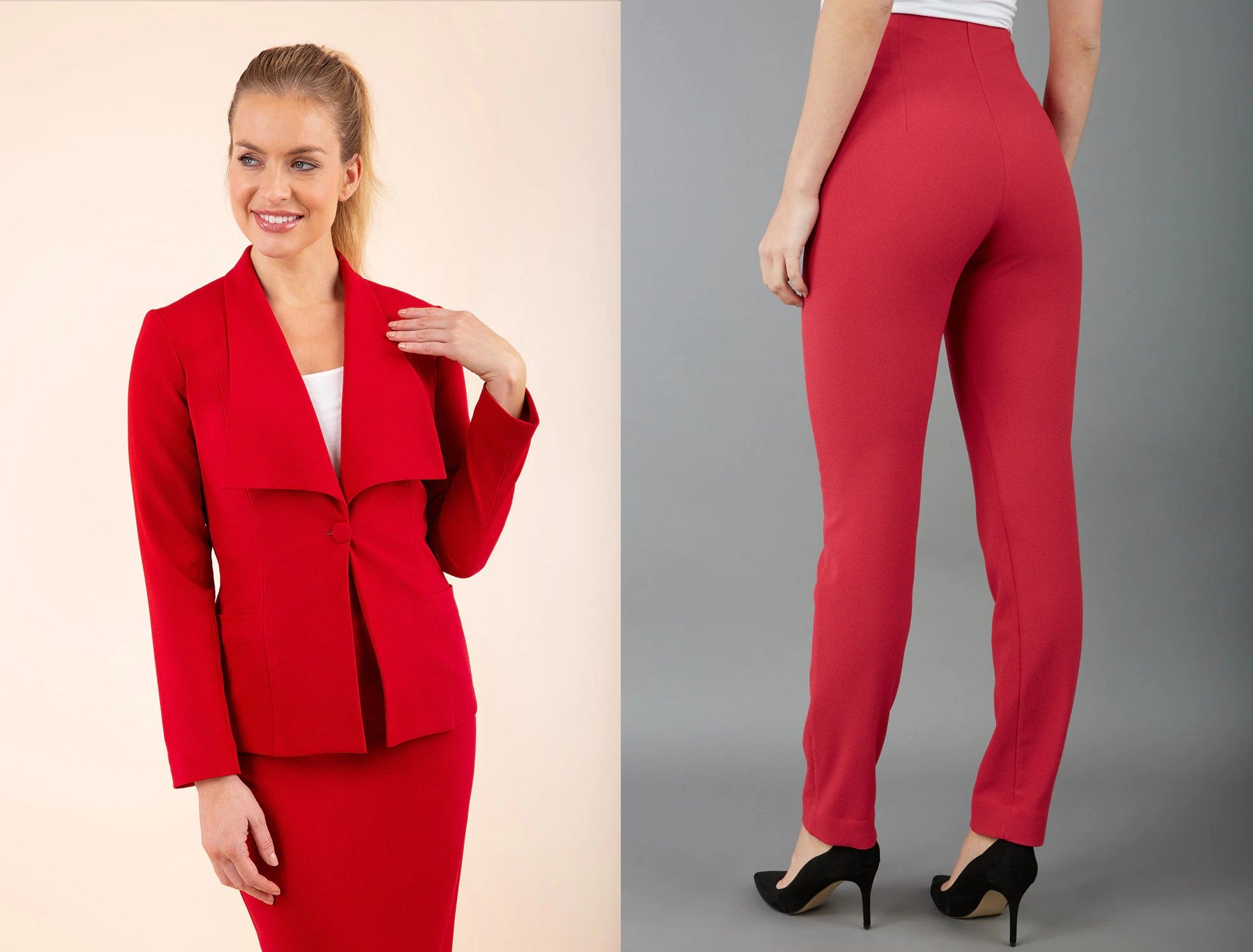 top half of model wearing a blazer coat, in scarlet red = attached image shows a models legs wearing scarlet red diva trousers.