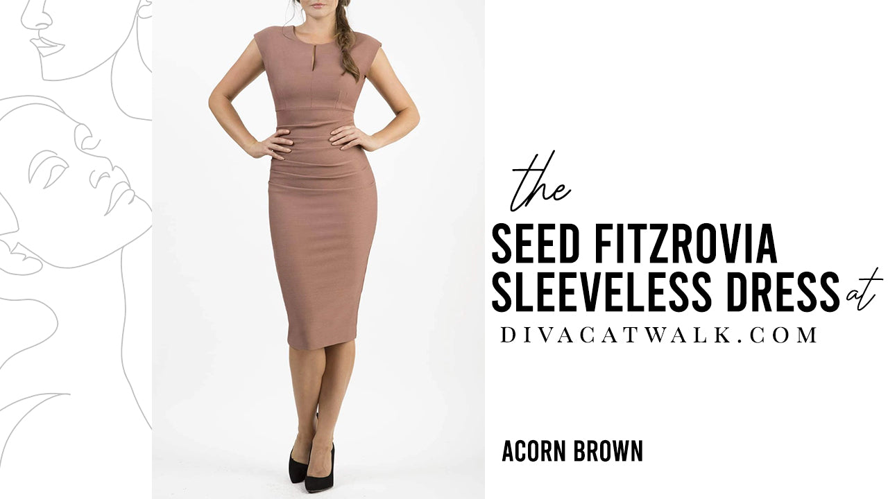 A model posed wearing the SEED Fitzrovia pencil dress from divacatwalk in shade ACORN Brown. 