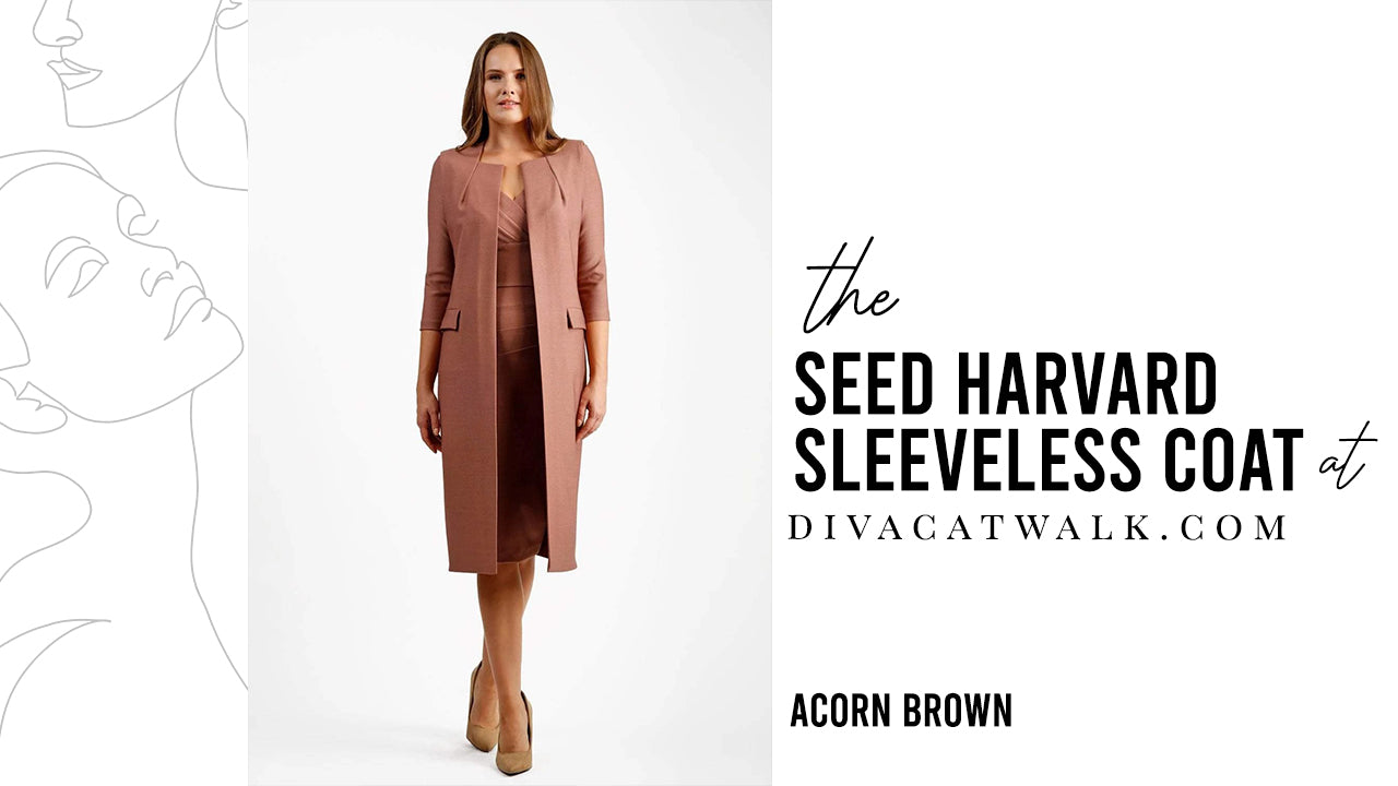 A woman modelling the Seed Harvard Sleeveless coat in acorn brown from divacatwalk.com