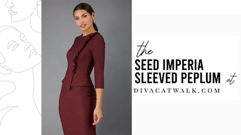 
a woman pictured wearing the 'seed imperia sleeved peplum' from divacatwalk.com, with text around her showcasing what the product is called.