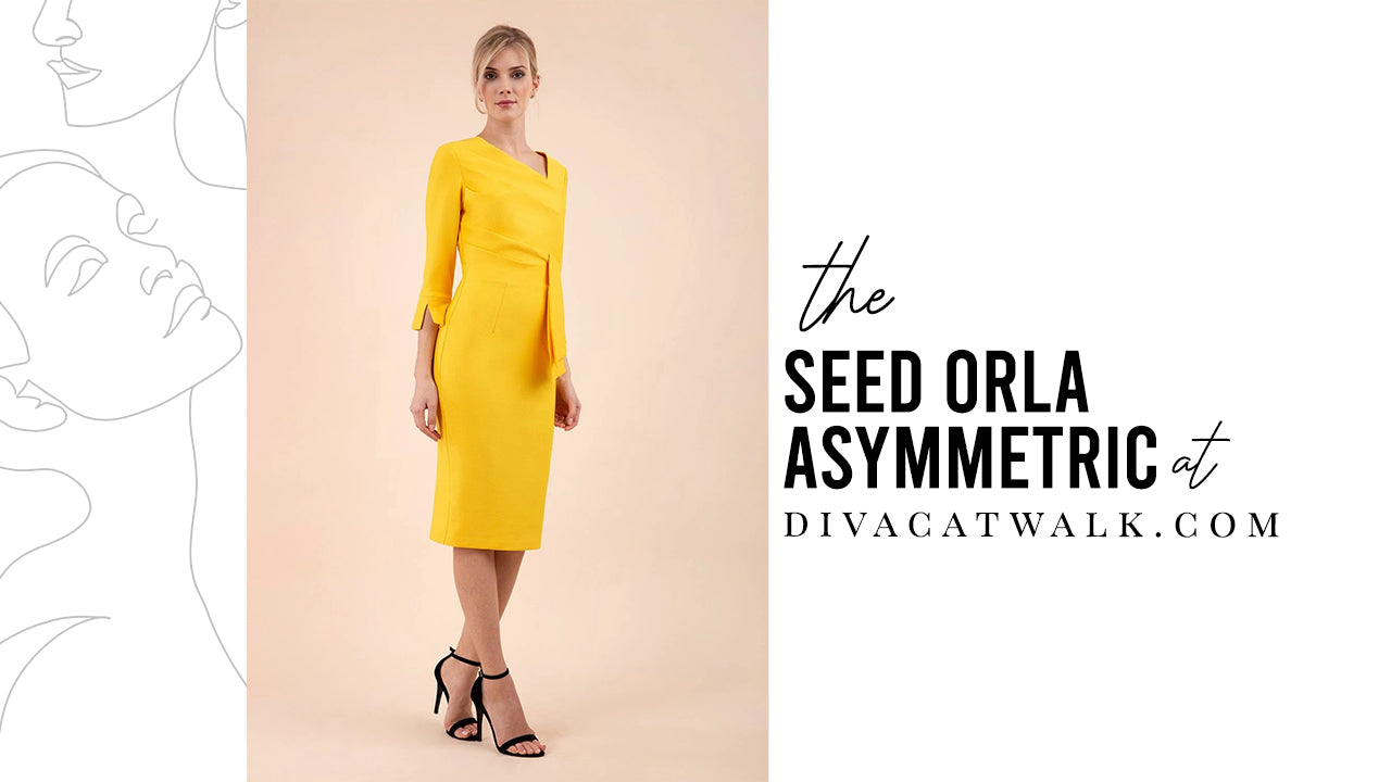  a woman model pictured wearing the SEED Orla dress in Yellow with text showing the dress title.