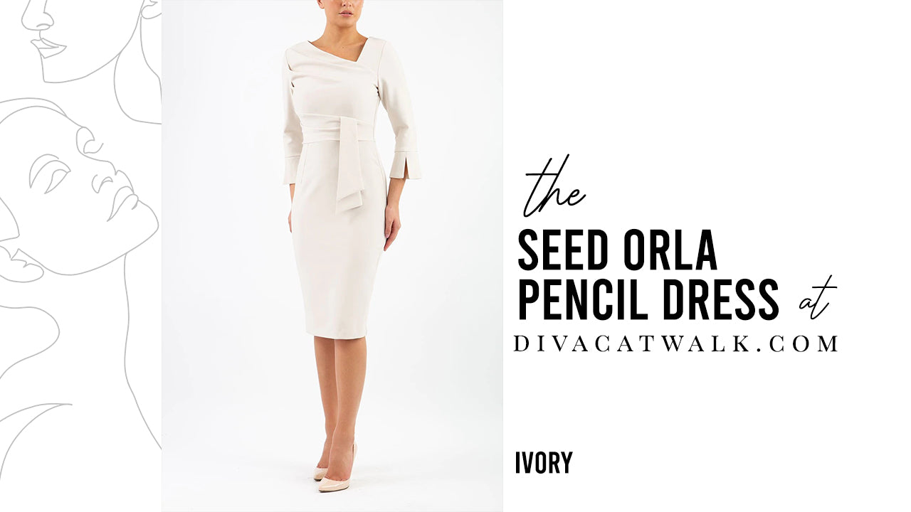 a woman model pictured wearing the SEED Orla Asymmetric dress with text showing the dress title.