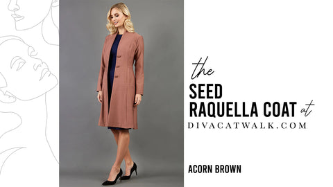 a woman smiling, modelling the SEED Raquella coat.