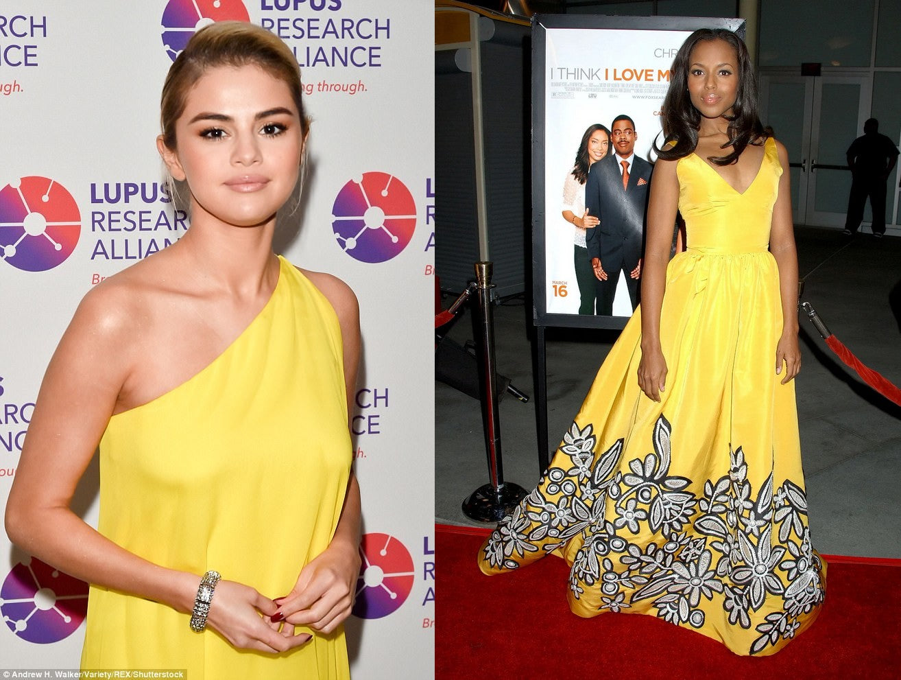 a combined image of both selena gomez and kerry washington both wearing stunningly bright yellow shade dresses at events.