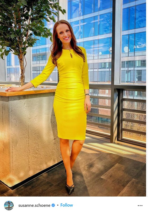 instagram screengrab of a susanne-schoene tagged image of a woman wearing a Diva Catwalk yellow dress.