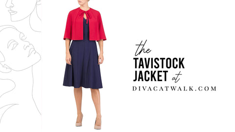 a woman pictured wearing the 'tavistock jacket' from divacatwalk.com, with text around her showcasing what the product is called.