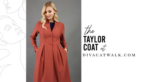 a woman pictured wearing the 'a-line taylor coat' with text around her showcasing what the product is called.