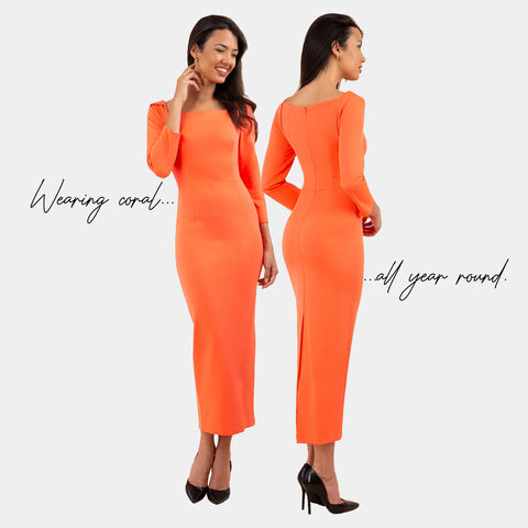 Woman pictued in a coral pencil dress, with the words 'wearing coral all year round' behind her.