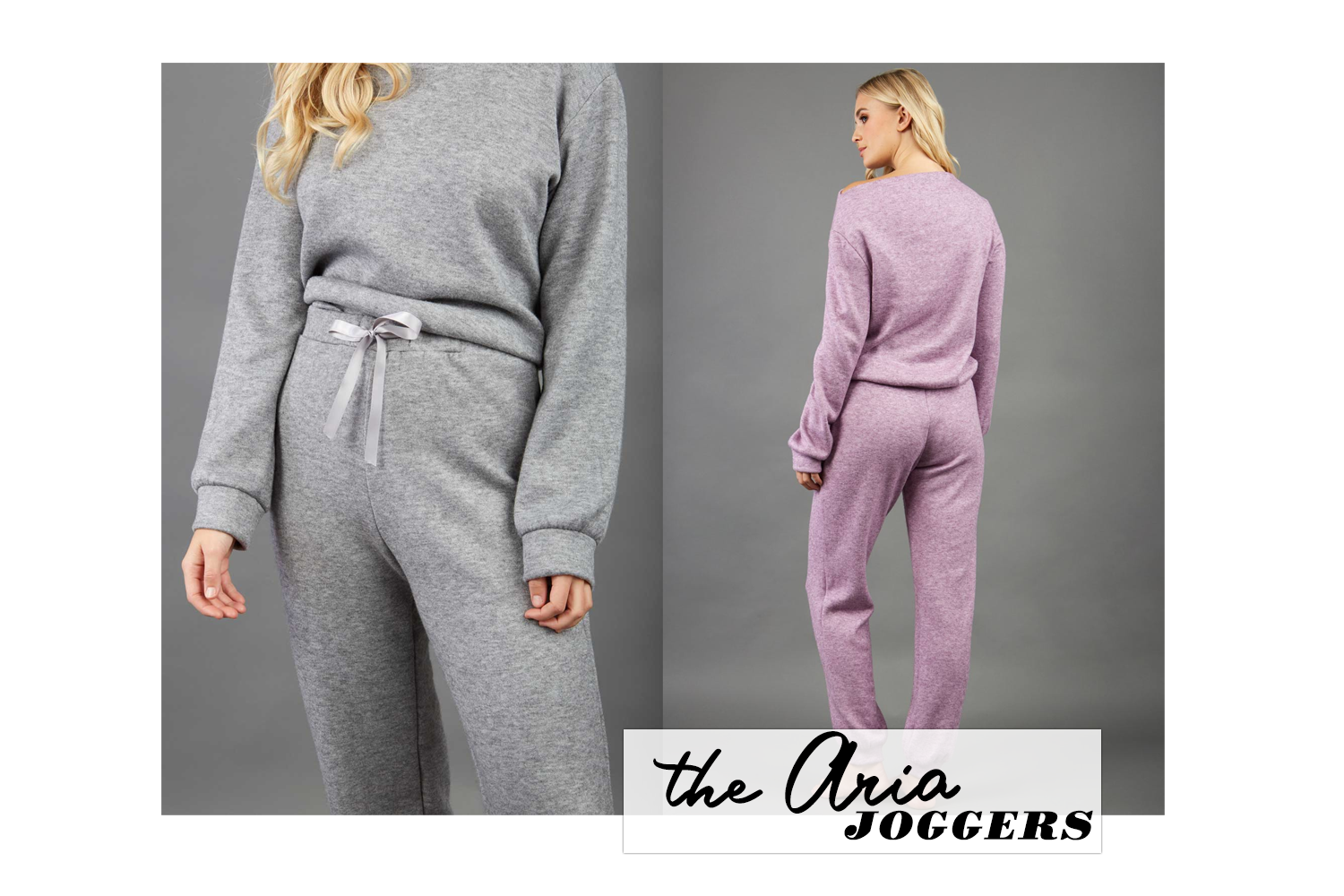 two images combined into one edit, of a model wearing the aria joggers in grey and lavender.