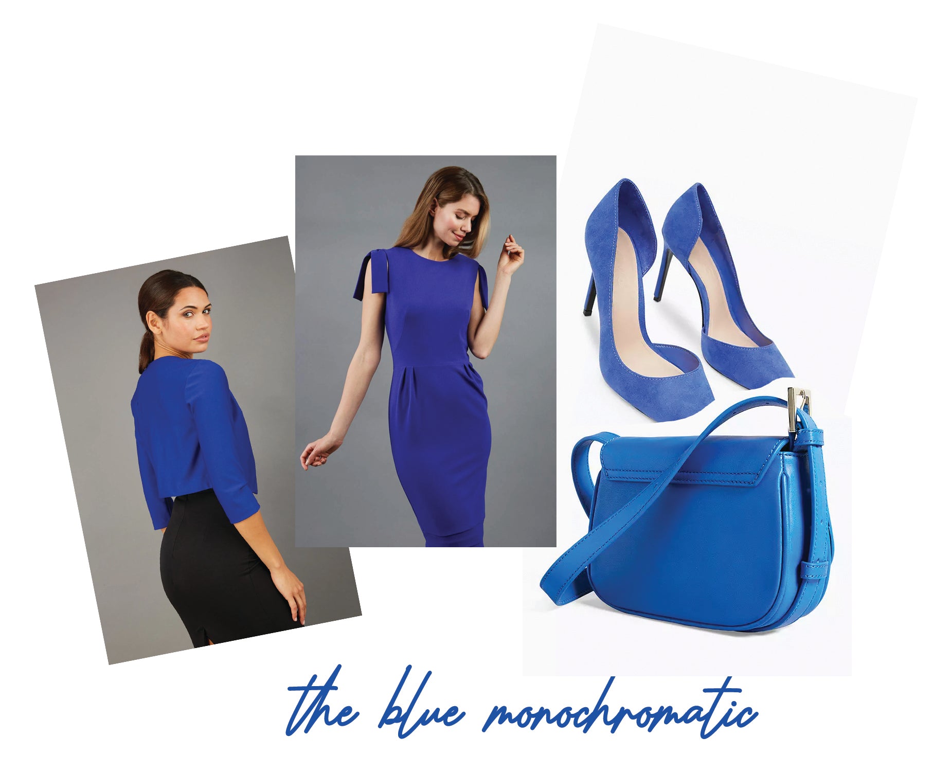 a detailed collage image showing a dress, a bolero, stiletto heels and bag all in different shades of blue.