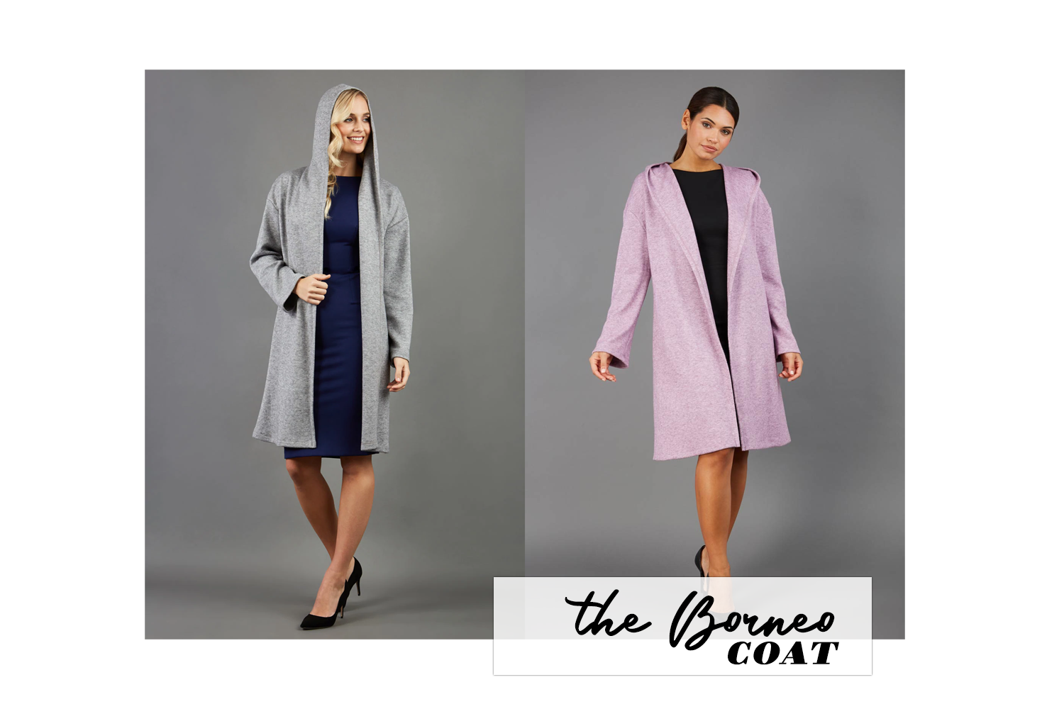 two images combined into one edit, of a model wearing the borneo coat in grey and lavender.