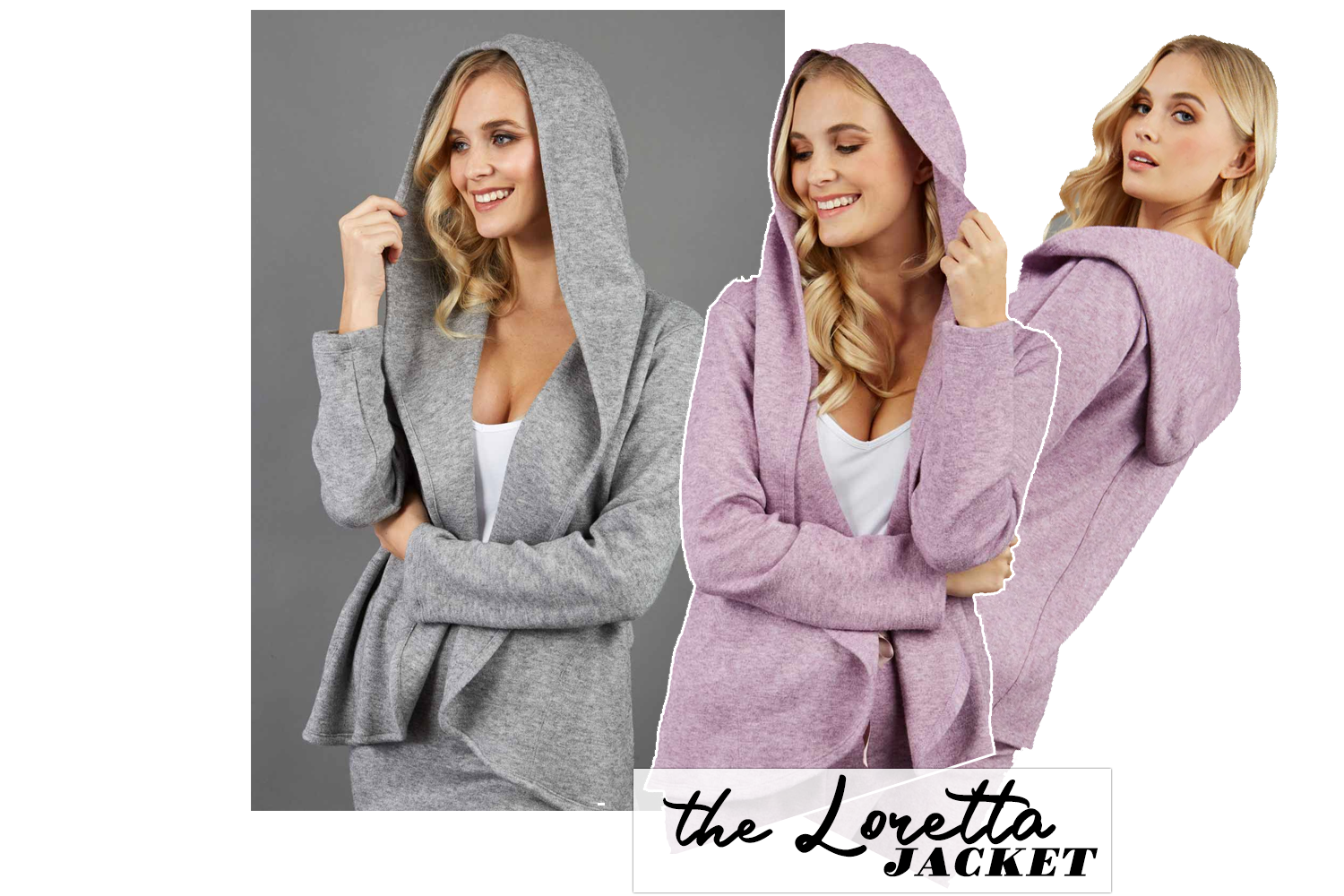 three images combined into one edit, of a model wearing the Loretta jacket in grey and lavender.