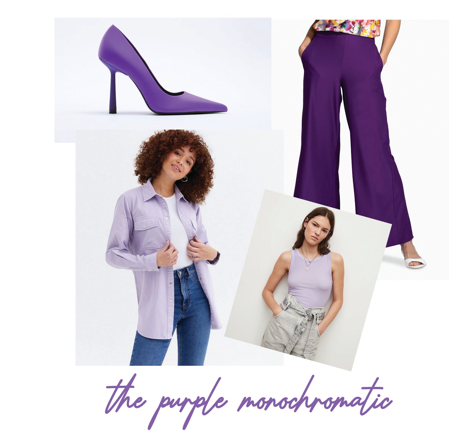 a detailed collage image showing a pair of high court heels, wide legged trousers, over sized denim shirt and tank vest all in different shades of purple.