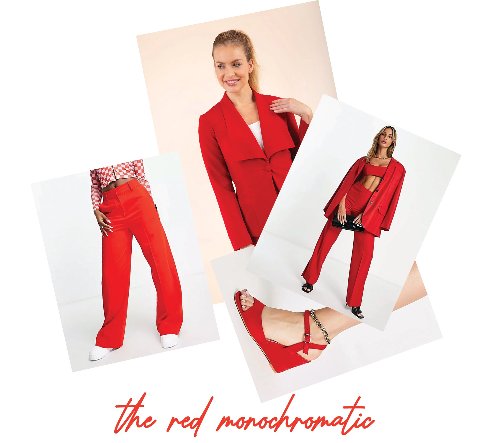 a detailed collage image showing a pair of tied sandals, a divacatwalk jacket, long wide leg trousers and a bralette - all in different shades of red.