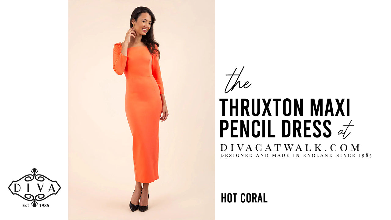  a woman model pictured wearing the Thruxton Maxi dress with text showing the dress title.