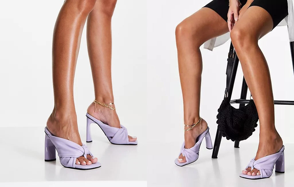 two website images showcasing a model wearing the topshop reuben padding high mule in lilac