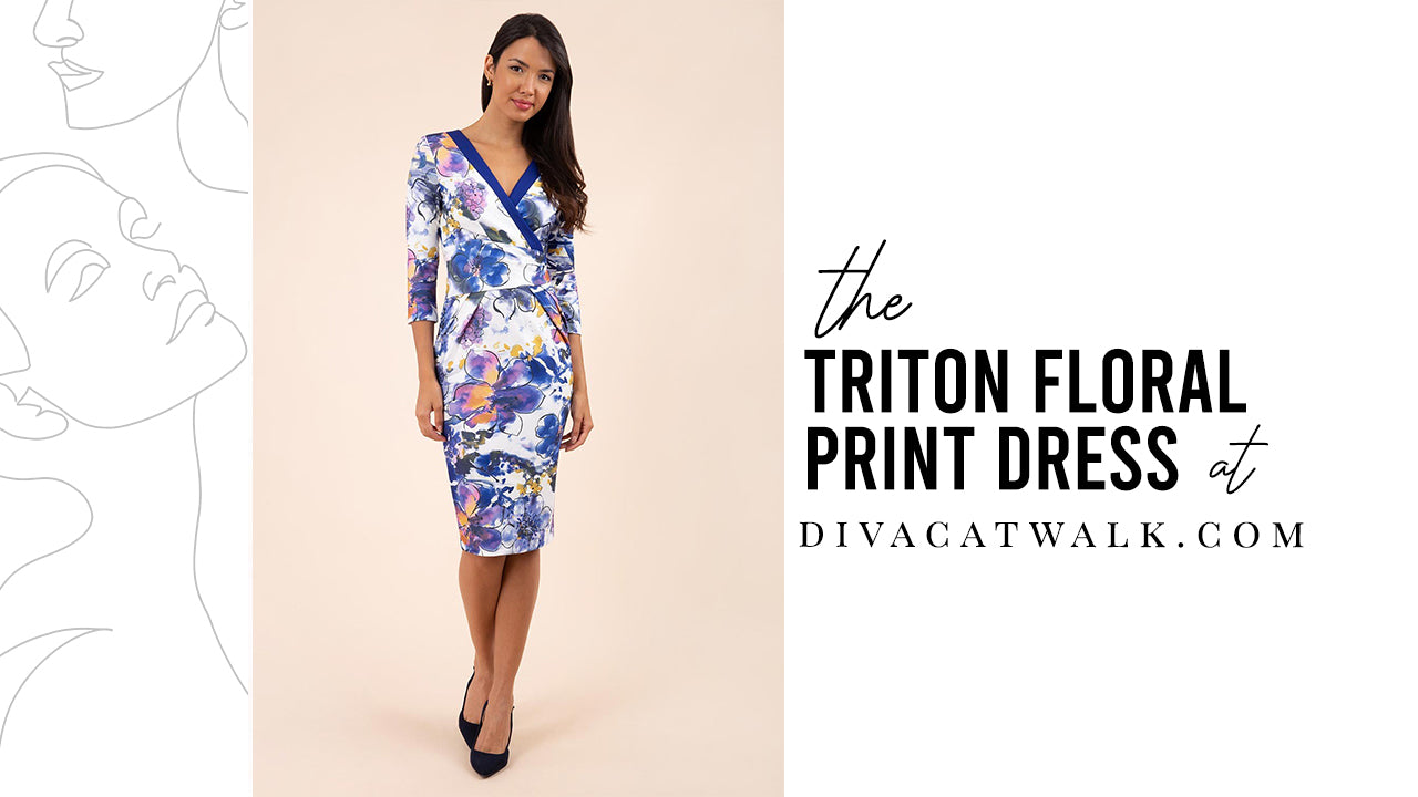  a woman model pictured wearing the Triton Sleeved dress with text showing the dress title.