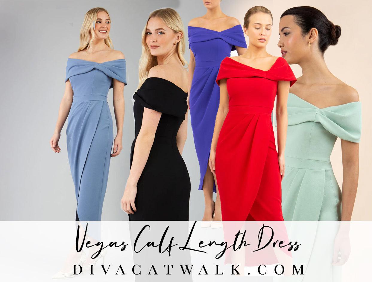 a range of models modelling the vegas calf length dress collection with text describing the title.