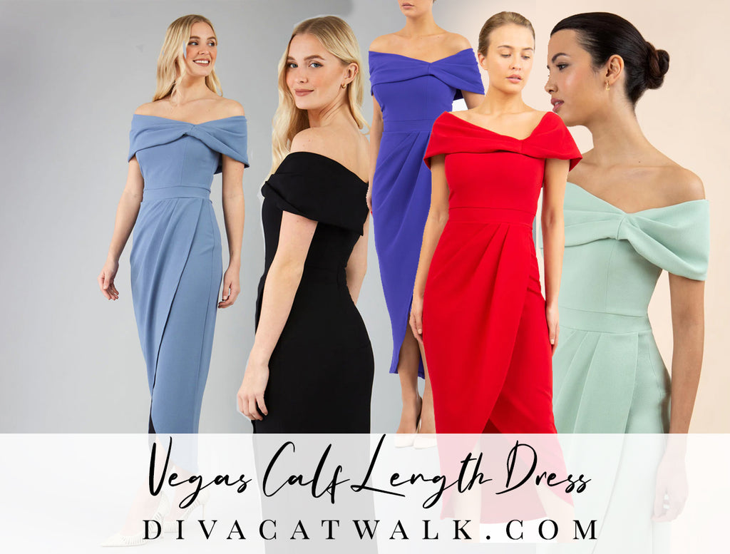 a collage image of all the available Vegas Calf Length Off-Shoulder dresses available from Diva Catwalk.com
