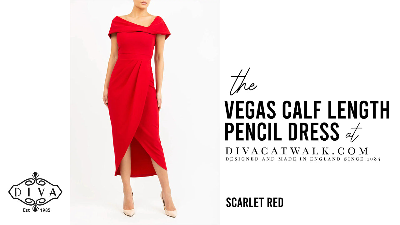  a woman model pictured wearing the Vegas Calf Length with text showing the dress title.