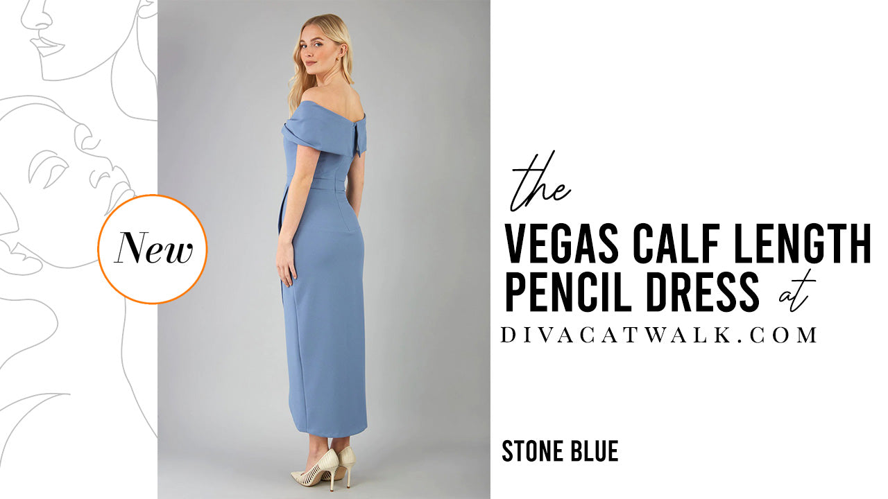 a woman model pictured wearing the Vegas Calf Length dress in Stone Blue with text showing the dress title.