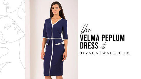 
a woman pictured wearing the 'velma peplum' design from divacatwalk.com, with text around her showcasing what the product is called.
