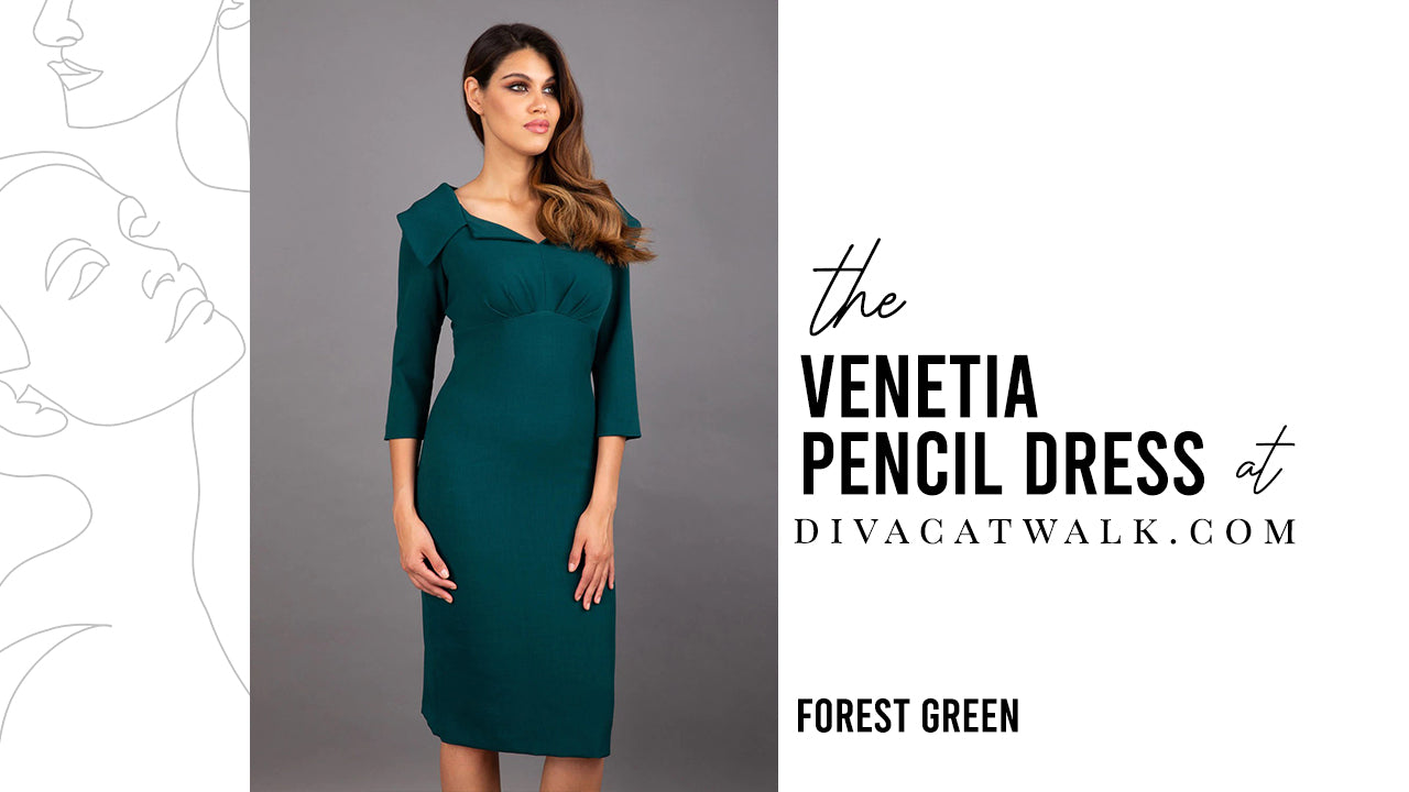  a woman model pictured wearing the Venetia dress with text showing the dress title.