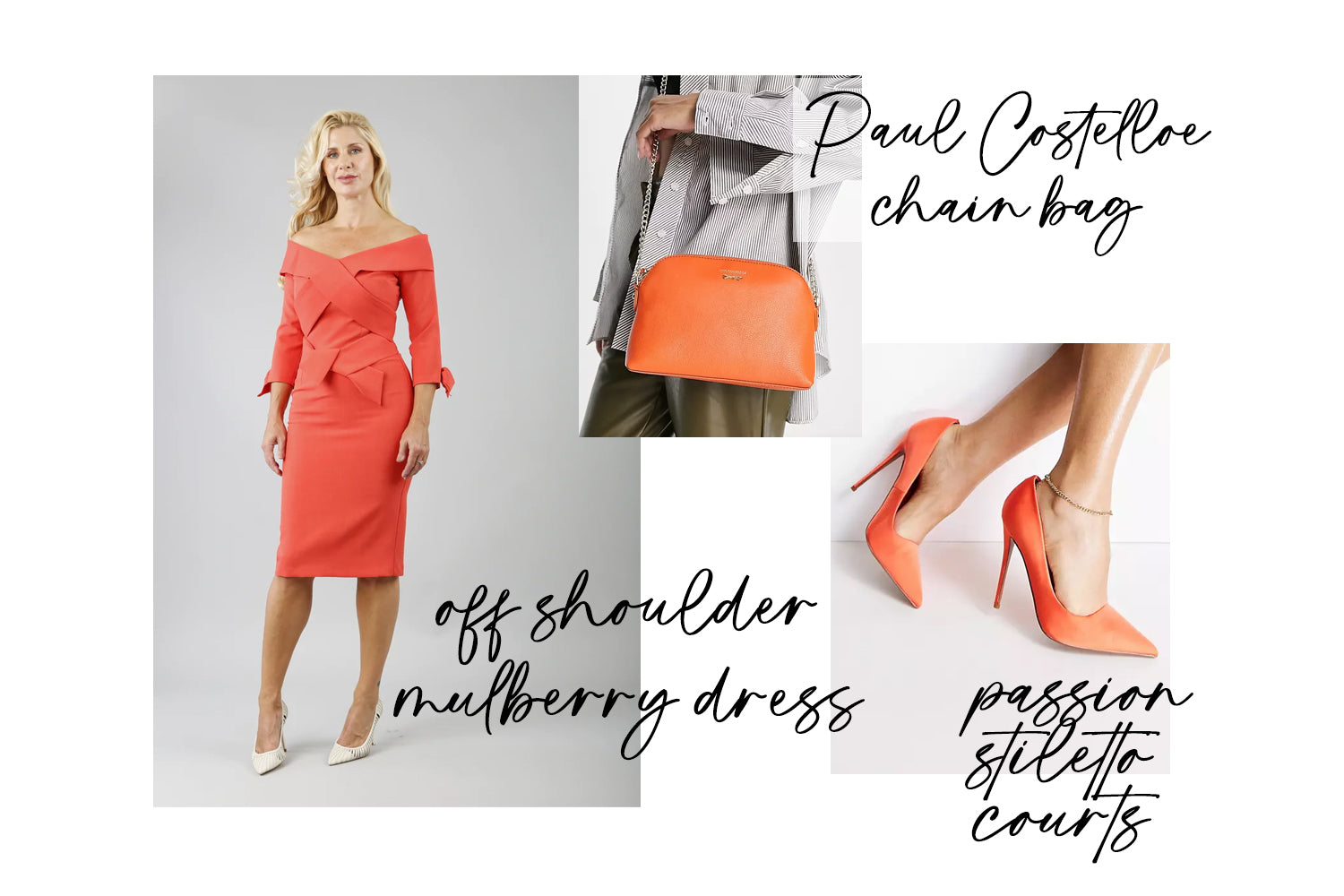 a range of images blended together to show the Mulberry Off-Shoulder dress, a pair of stiletto shoes and orange shaded bag - all with text stating each item.