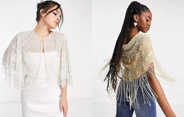 two website images side by side showing each model wearing an embellished cape.