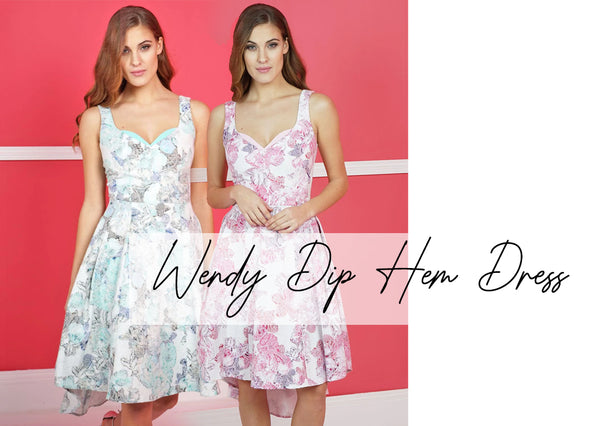 women model images pictured side by side wearing the Wendy Dip Hem with text showing the dress title.
