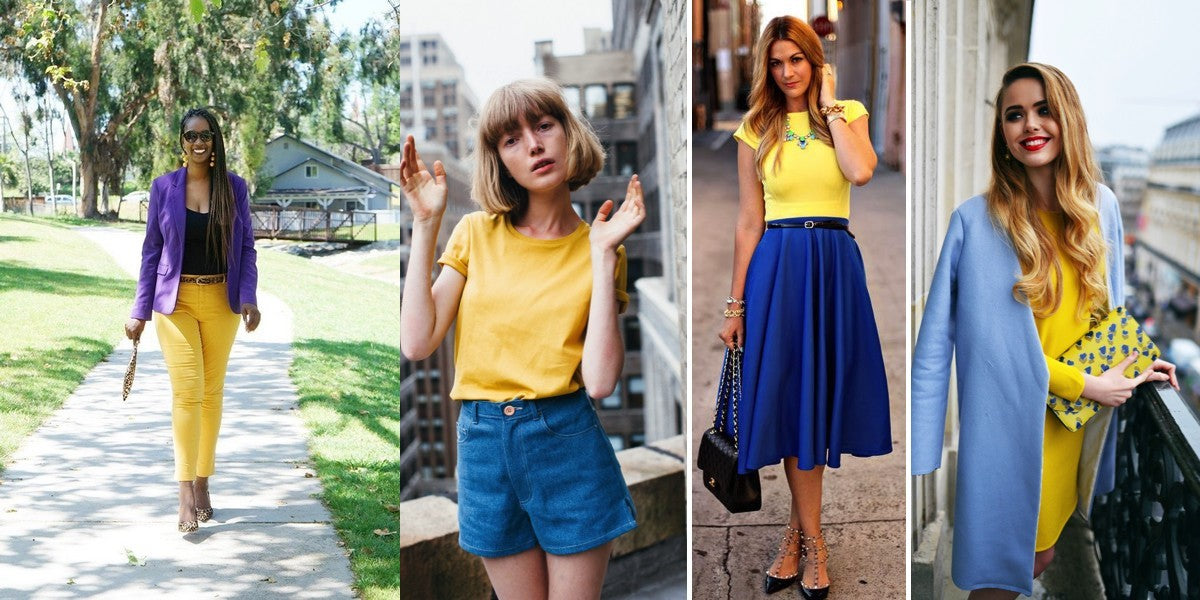 four images, side by side, showing a choice of yellow and blue outfits including yellow trousers with a purple coat, yellow top and shorts, yellow top with blue skirt and a yellow dress with a blue jacket.
