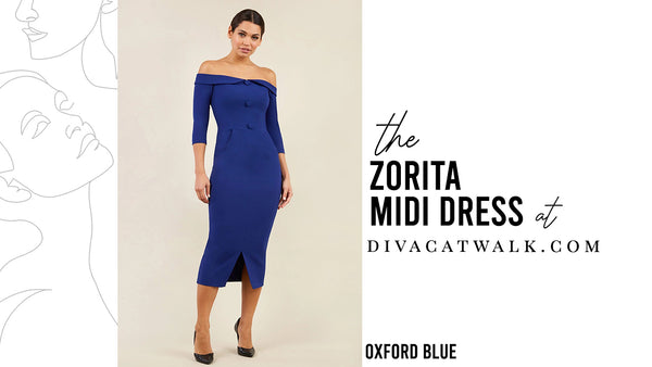  a woman model pictured wearing the Zorita Midi dress in Oxford Blue with text showing the dress title.