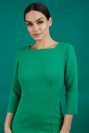 divacatwalk celia plain sleeved shift dress with detachable bow detail at the front in emerald green front