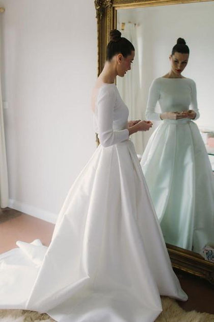 Bateau Satin Long Sleeves Wedding Dresses with Box Pleats – NarsBridal