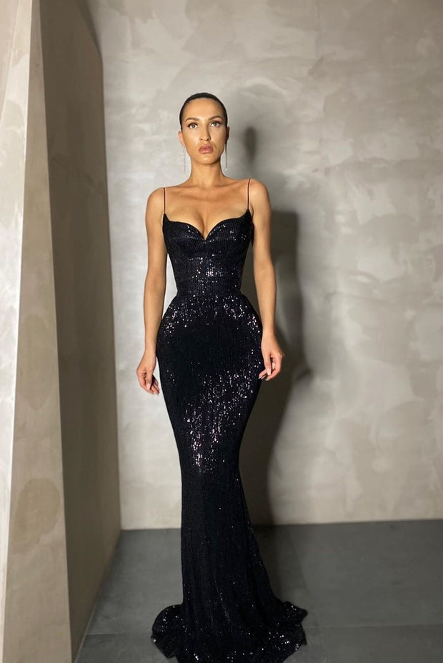 Bling Bling Sequin Black Prom Long Dresses with Thin Straps – NarsBridal
