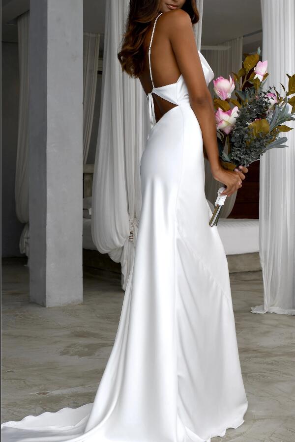 white cowl neck wedding dress