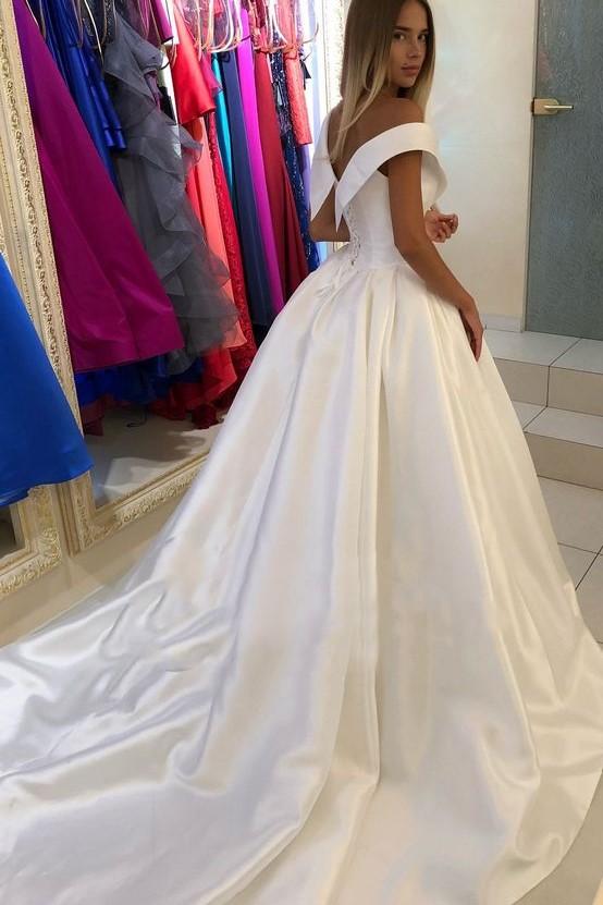 satin v neck ball gown wedding dress