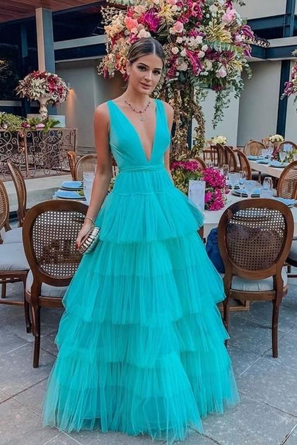 Deep V-neckline Tulle Prom Dress Tiered Skirt Long Party Gowns – NarsBridal