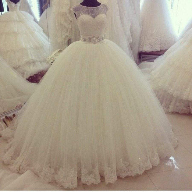 Illusion Lace Ball Gown Wedding Dress Ivory Tulle Skirt – NarsBridal